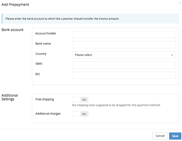 Add Prepayment pop-up with bank account and additional settings