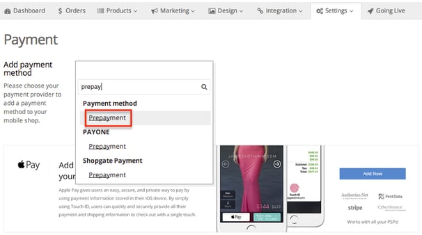 Searching for Prepayment under Add payment method
