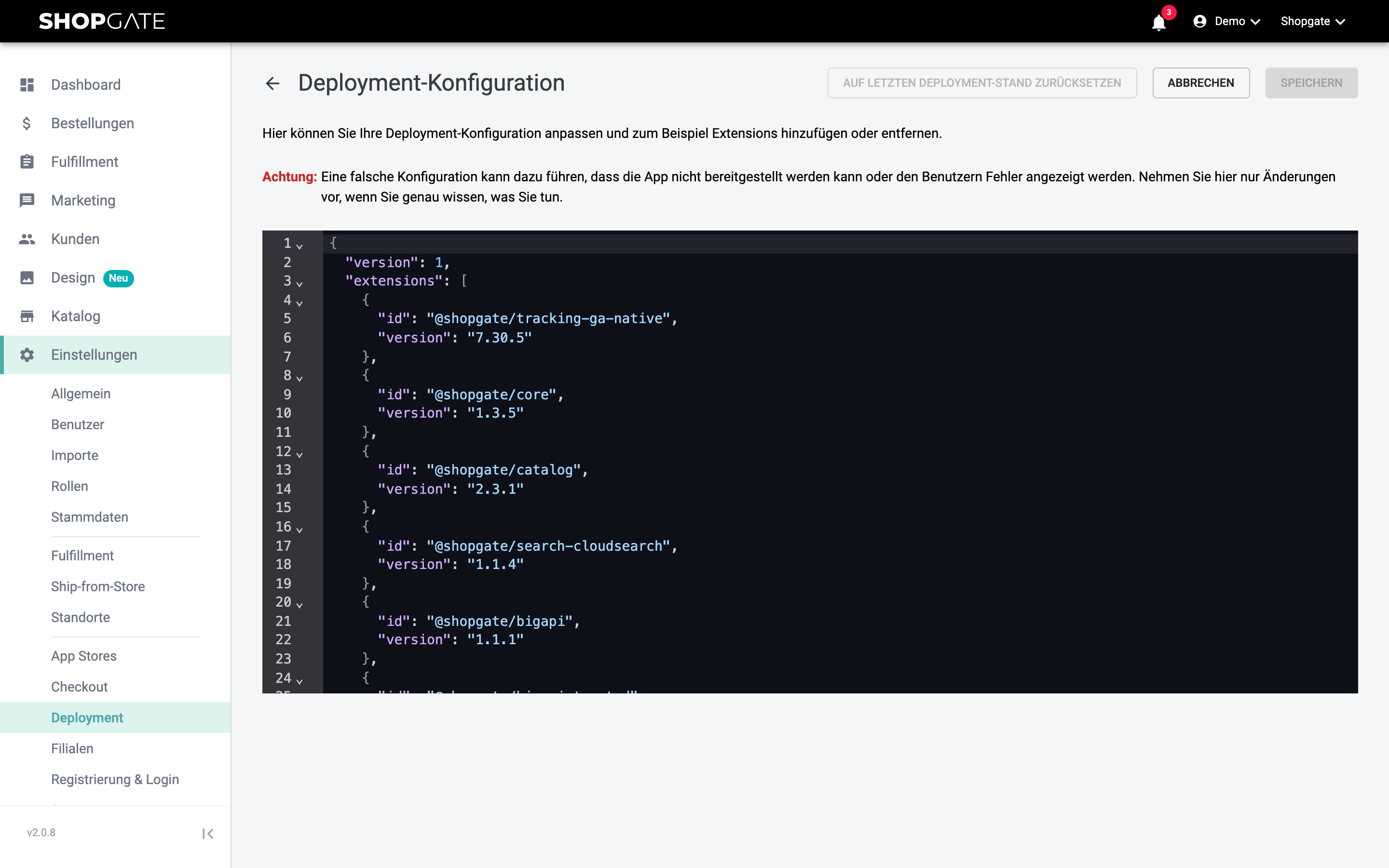 Deployment-Konfiguration im JSON-Editor