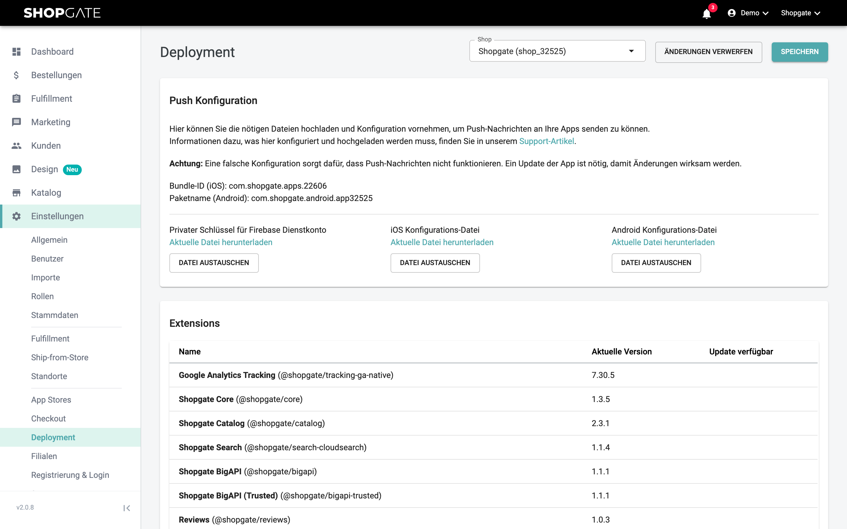 Extension-Liste mit Bearbeiten-Symbol