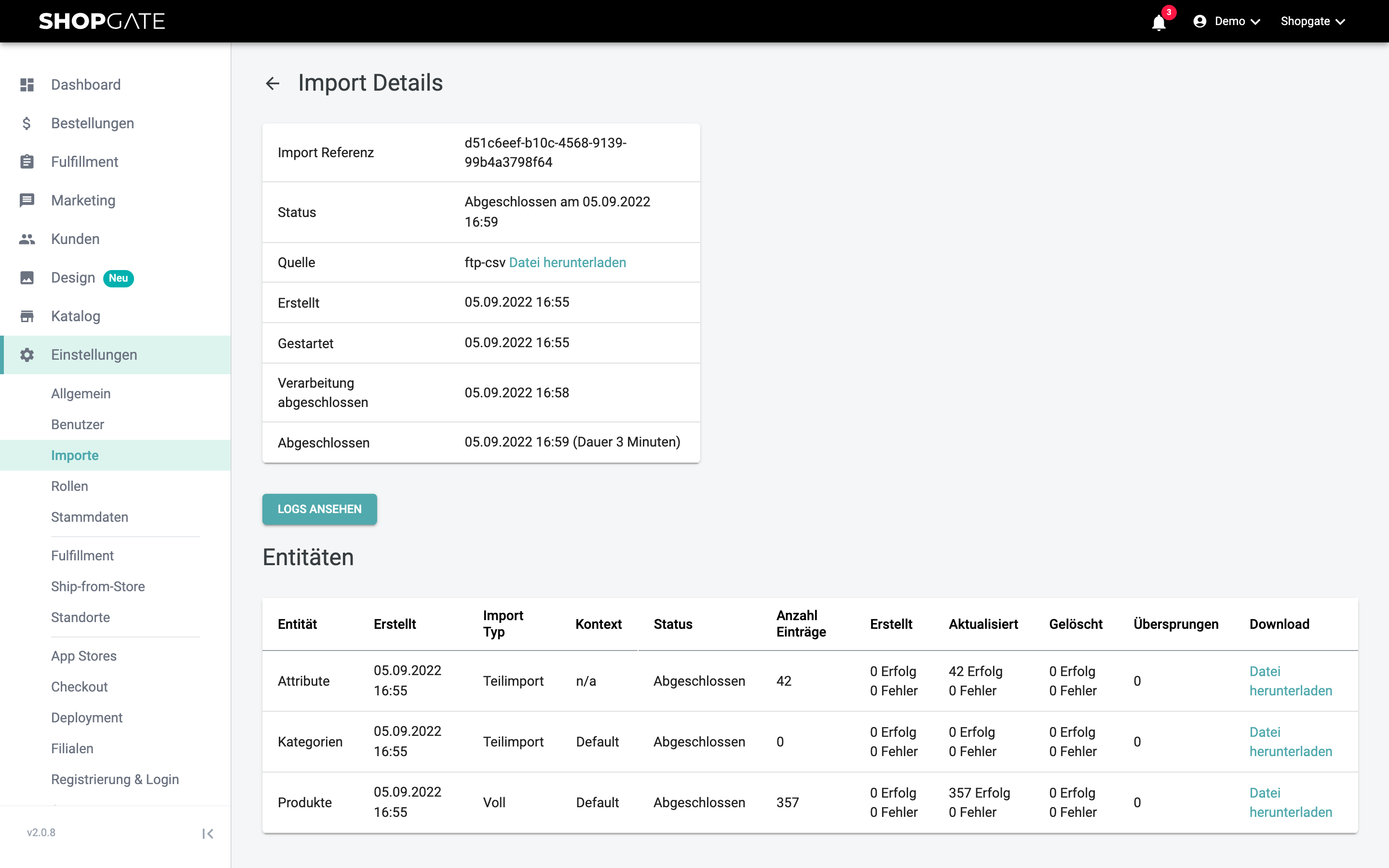 Details eines Imports mit Logs