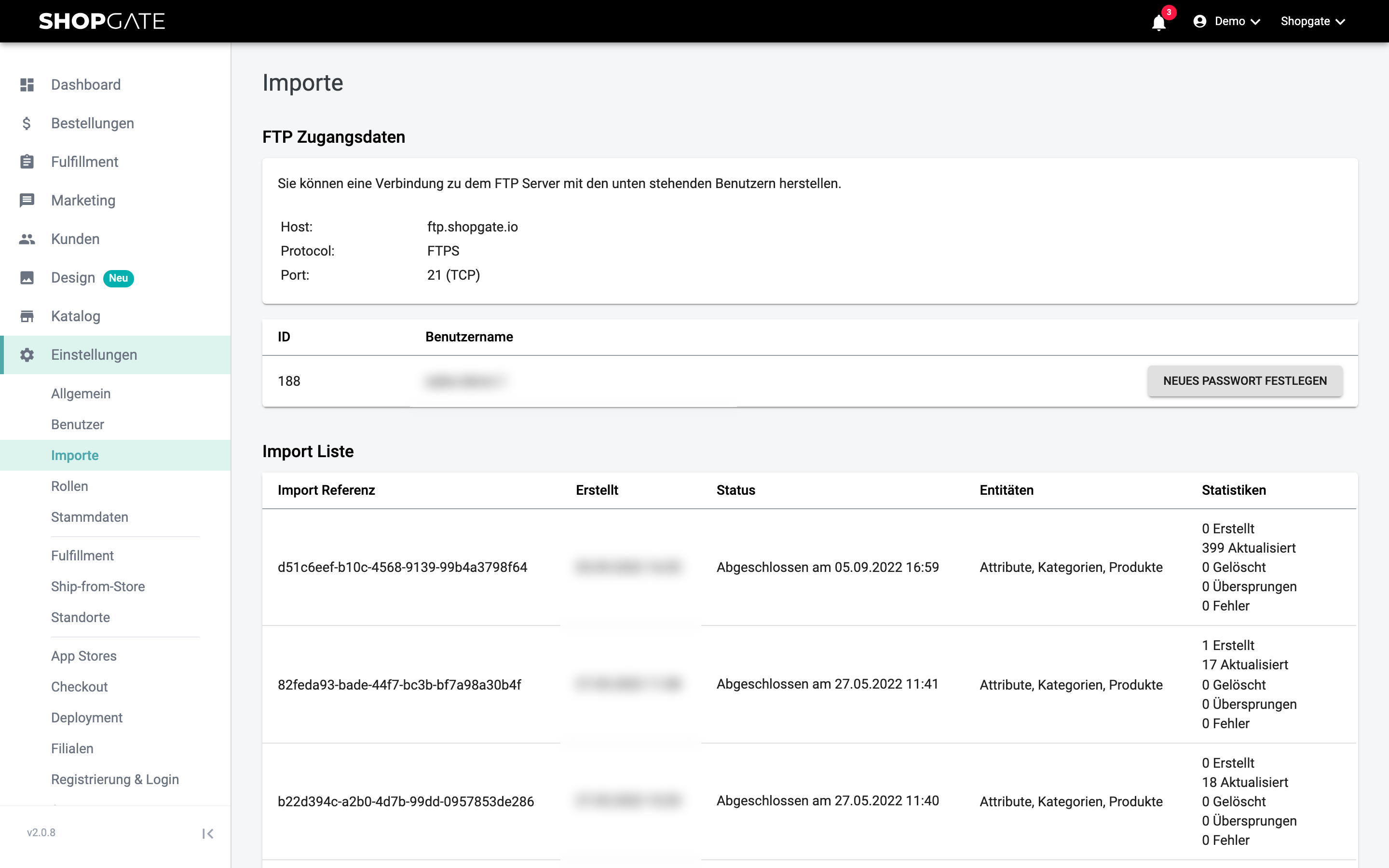 Einstellungen › Importe im Shopgate Admin