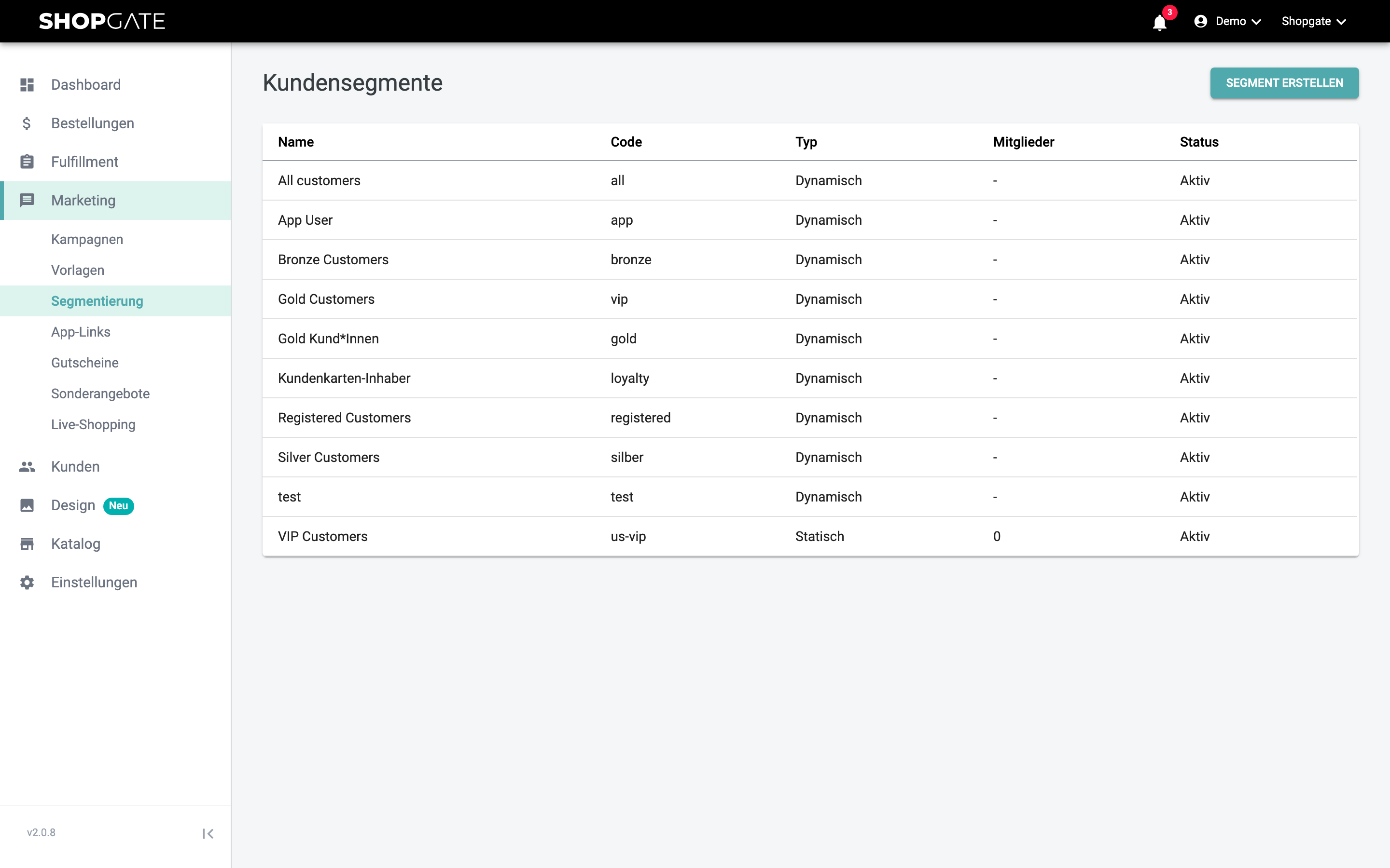 Marketing › Segmentierung im Shopgate Admin