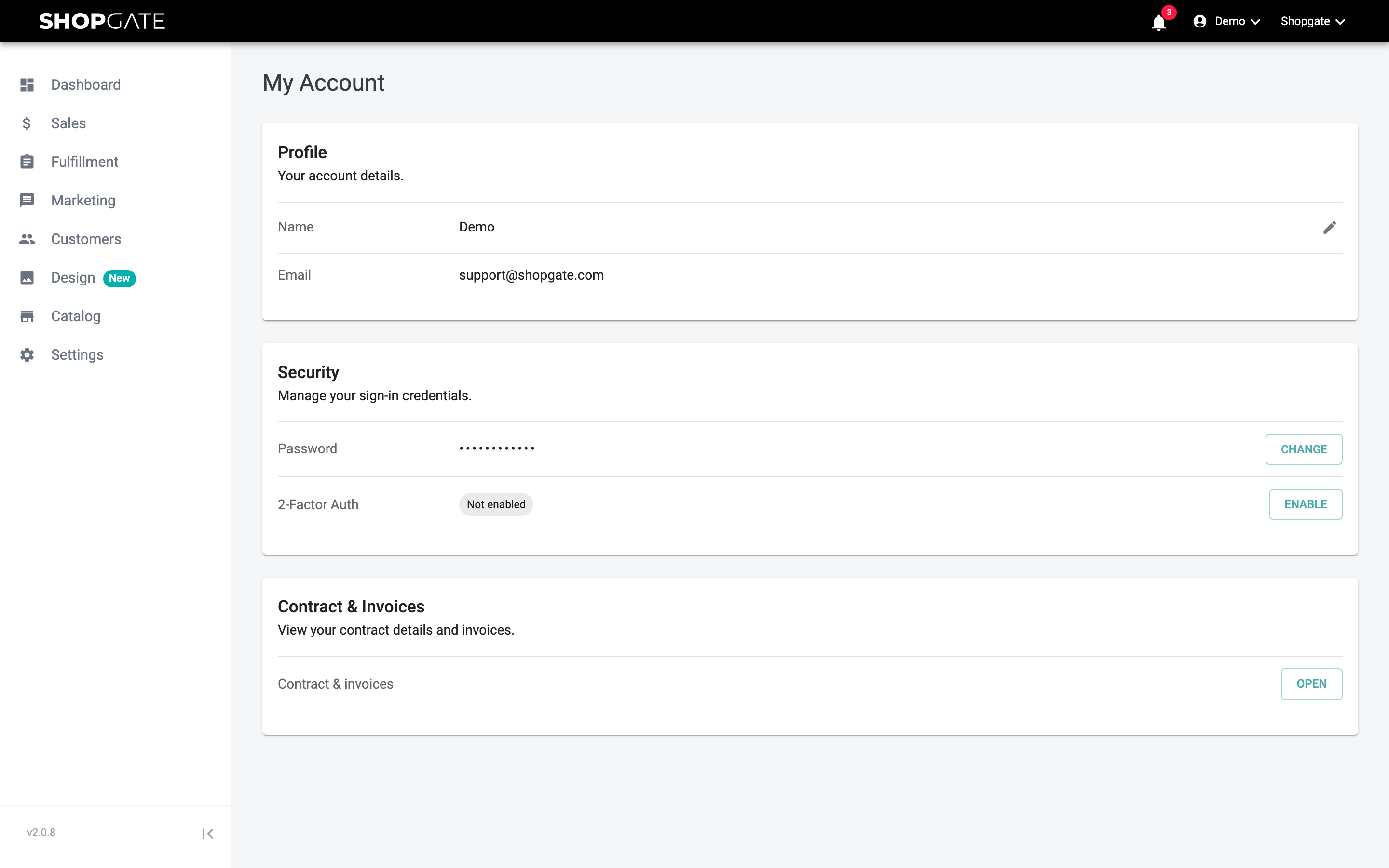 My Account with Profile, Security and Contract & Invoices