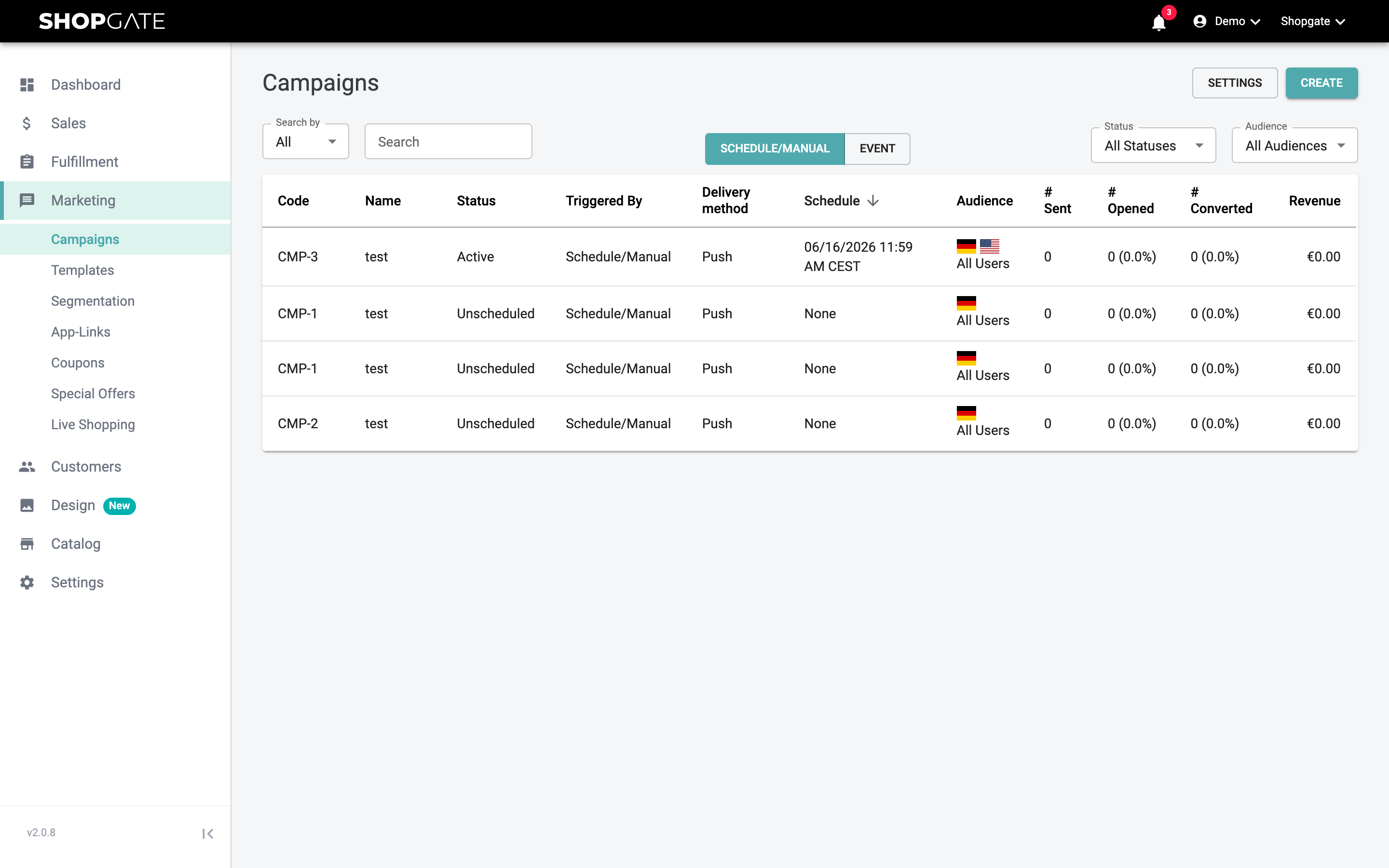 Campaign list under Marketing › Campaigns