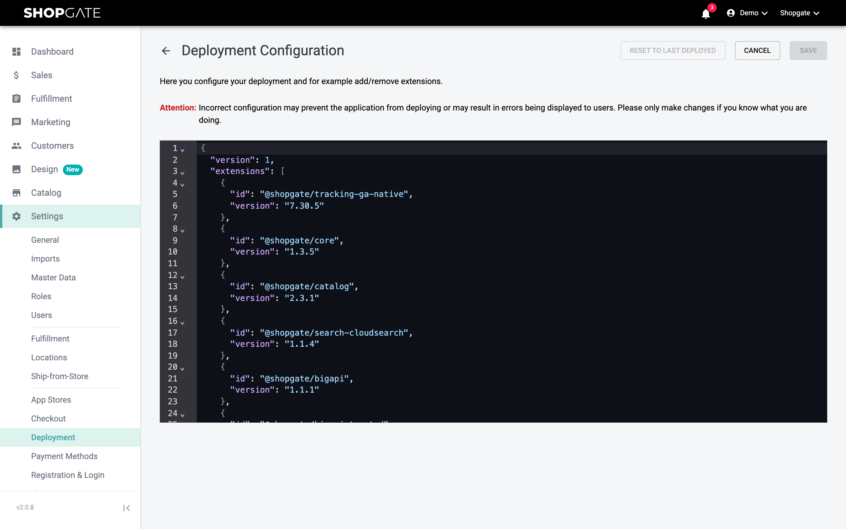 Deployment configuration in the JSON editor