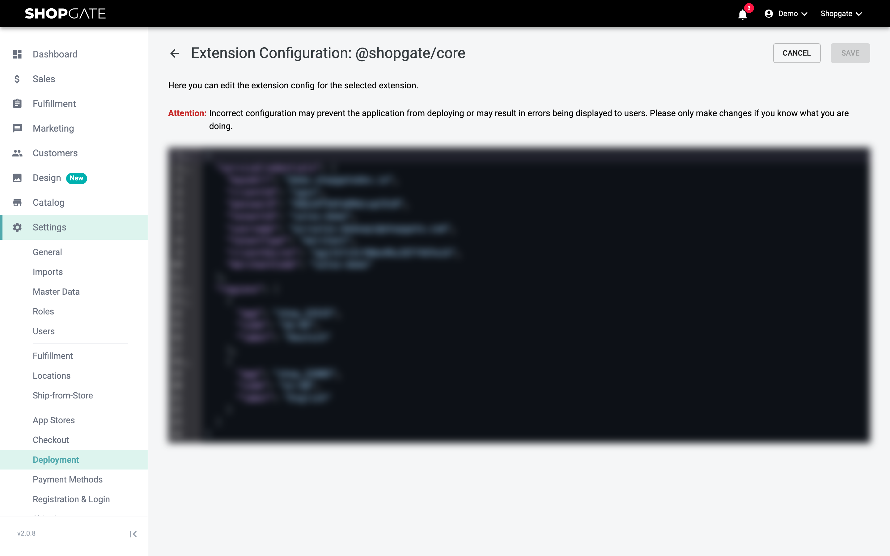 Configuration of an extension in the JSON editor