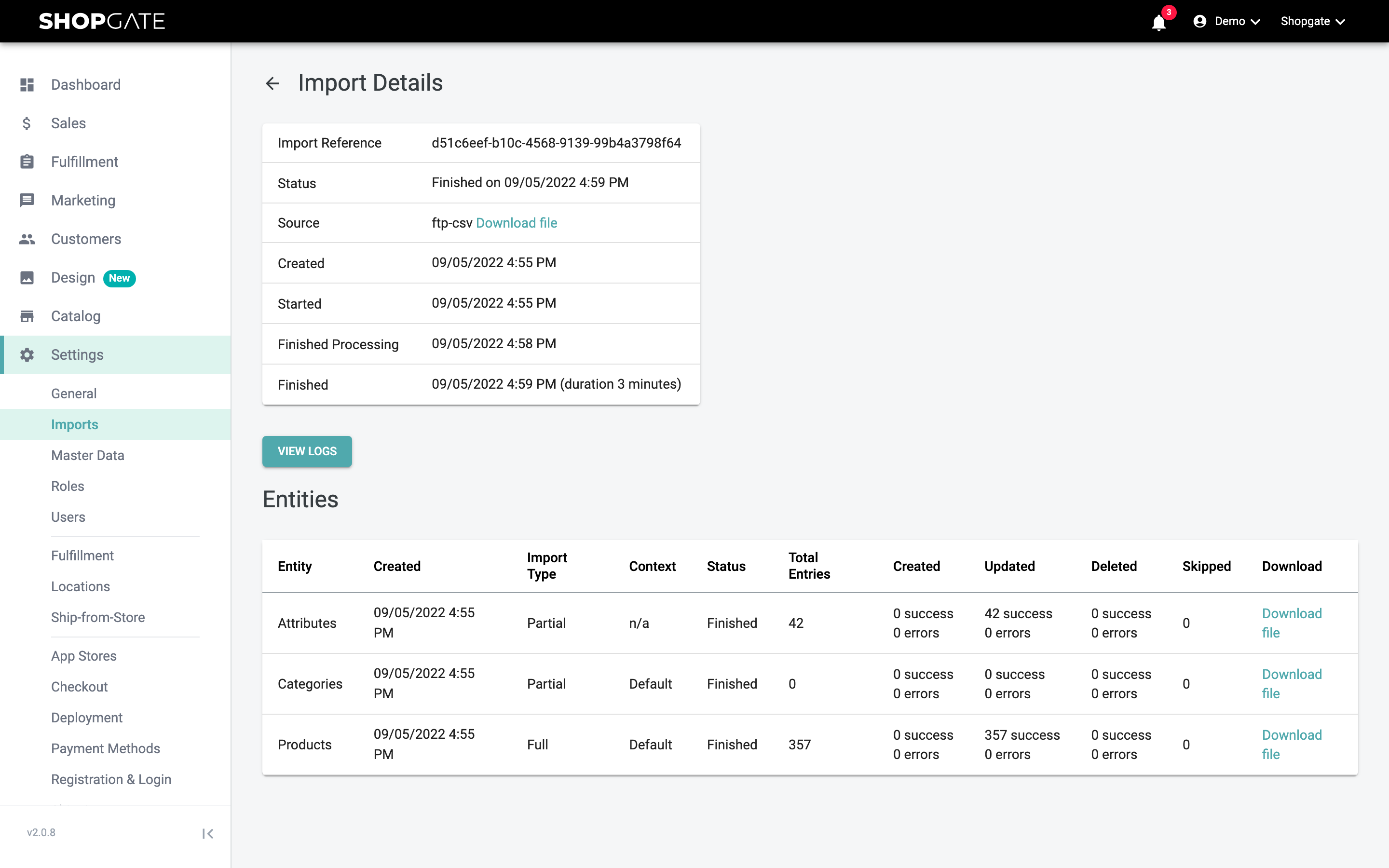 Details of an import with logs
