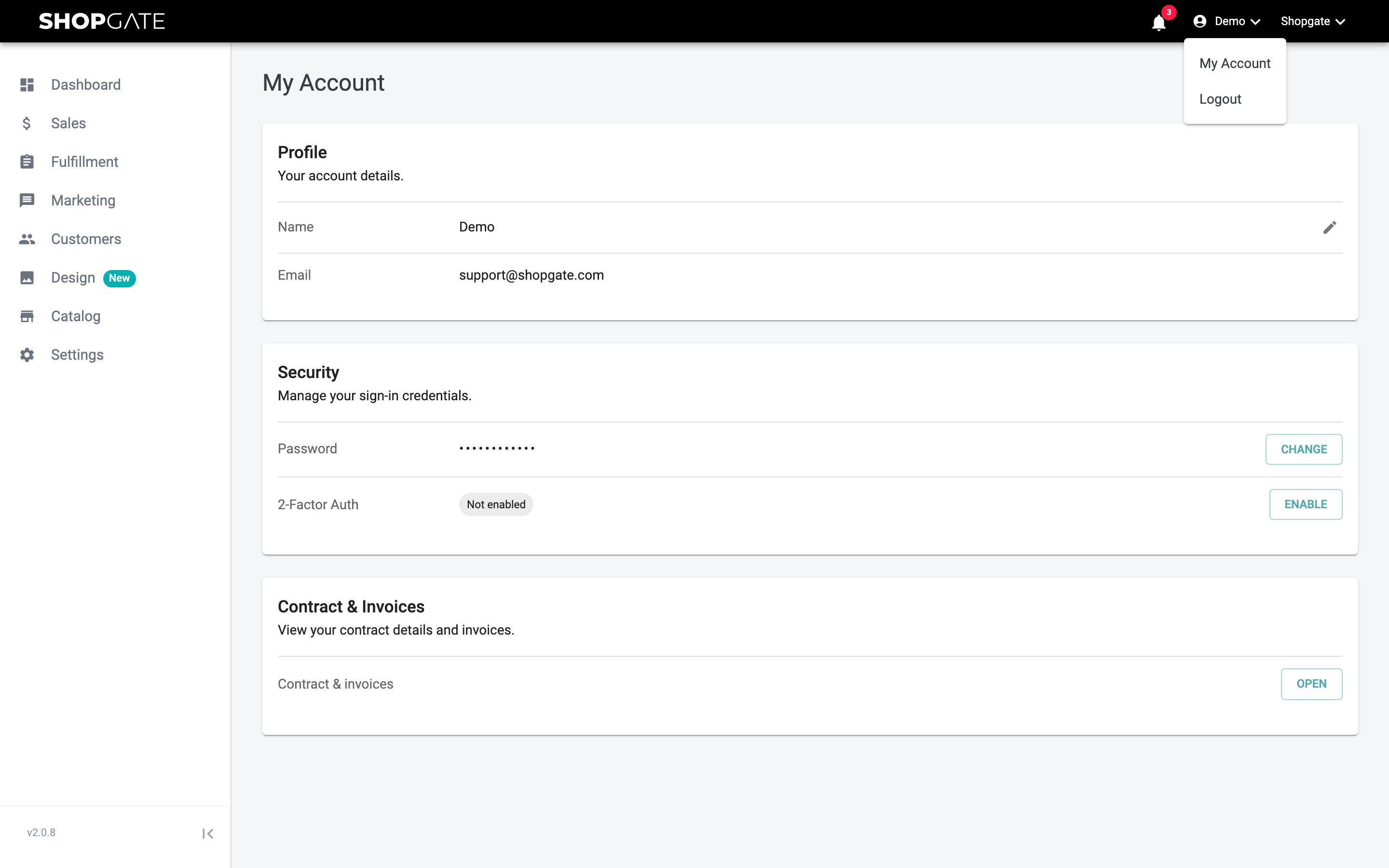 Header of the Shopgate Admin with the user menu
